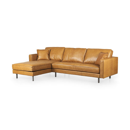 Tan Genuine Leather L Shaped Sofa and Chaise Sectional With Toss Pillows