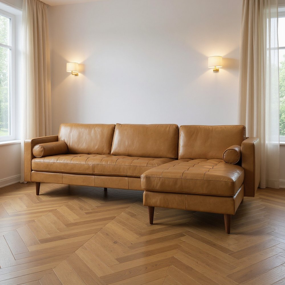 Tan Genuine Leather L Shaped Sofa and Chaise Sectional With Toss Pillows