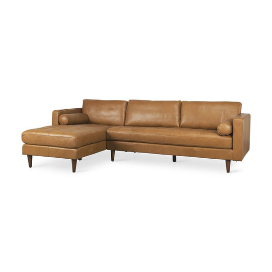 Tan Genuine Leather L Shaped Sofa and Chaise Sectional With Toss Pillows
