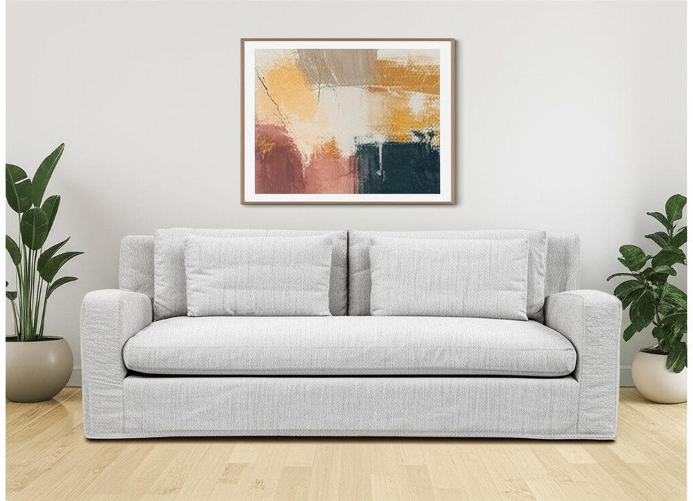 93" Light Gray Slipcovered Fabric Sofa With Toss Pillows