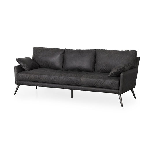82" Black Leather Sofa With Toss Pillows