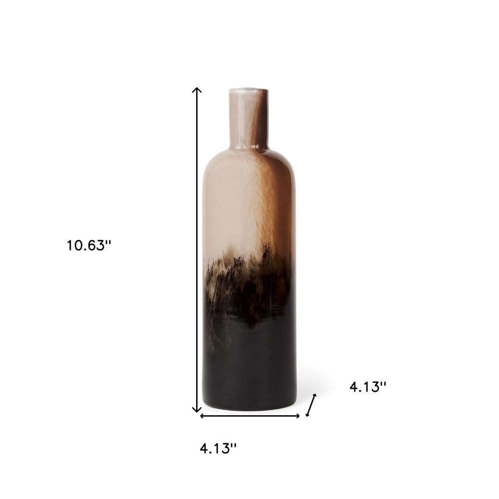 11" Amber Cream And Dark Brown Abstract Glass Table Vase