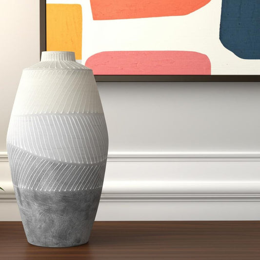 17" Cream And Gray Geometric Ceramic Table Vase
