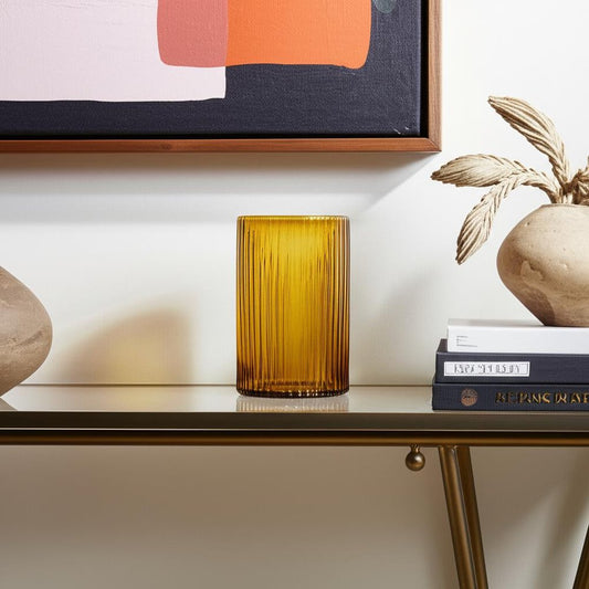 8" Amber Cylinder Ribbed Glass Table Vase