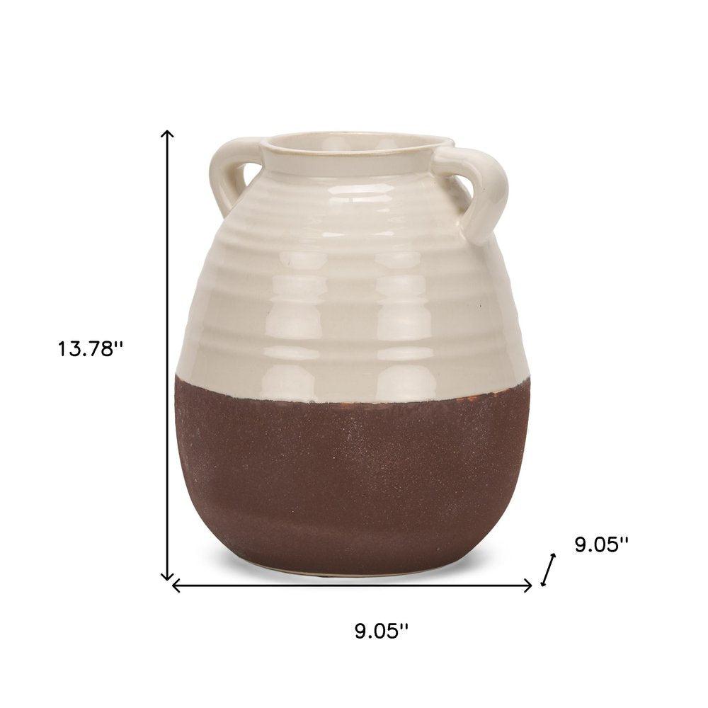 14" Brown And Cream Ceramic Amphora Table Vase