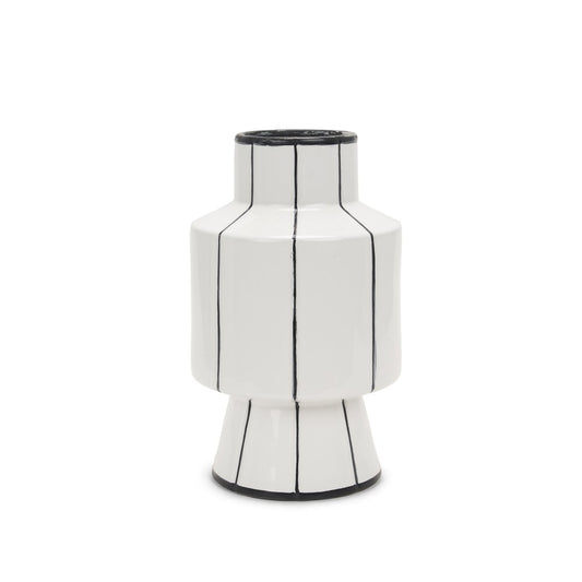 13" White And Black Striped Ceramic Cylinder Table Vase