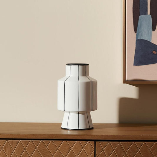 13" White And Black Striped Ceramic Cylinder Table Vase