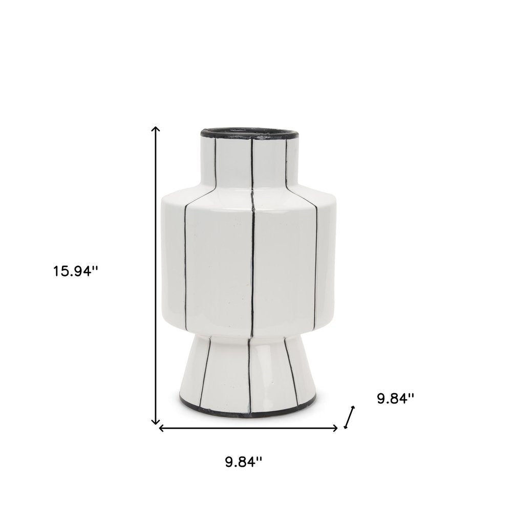 16" White And Black Striped Ceramic Cylinder Table Vase