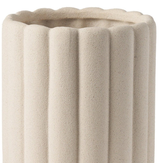 11" Beige Cylinder Ribbed Texture Ceramic Table Vase