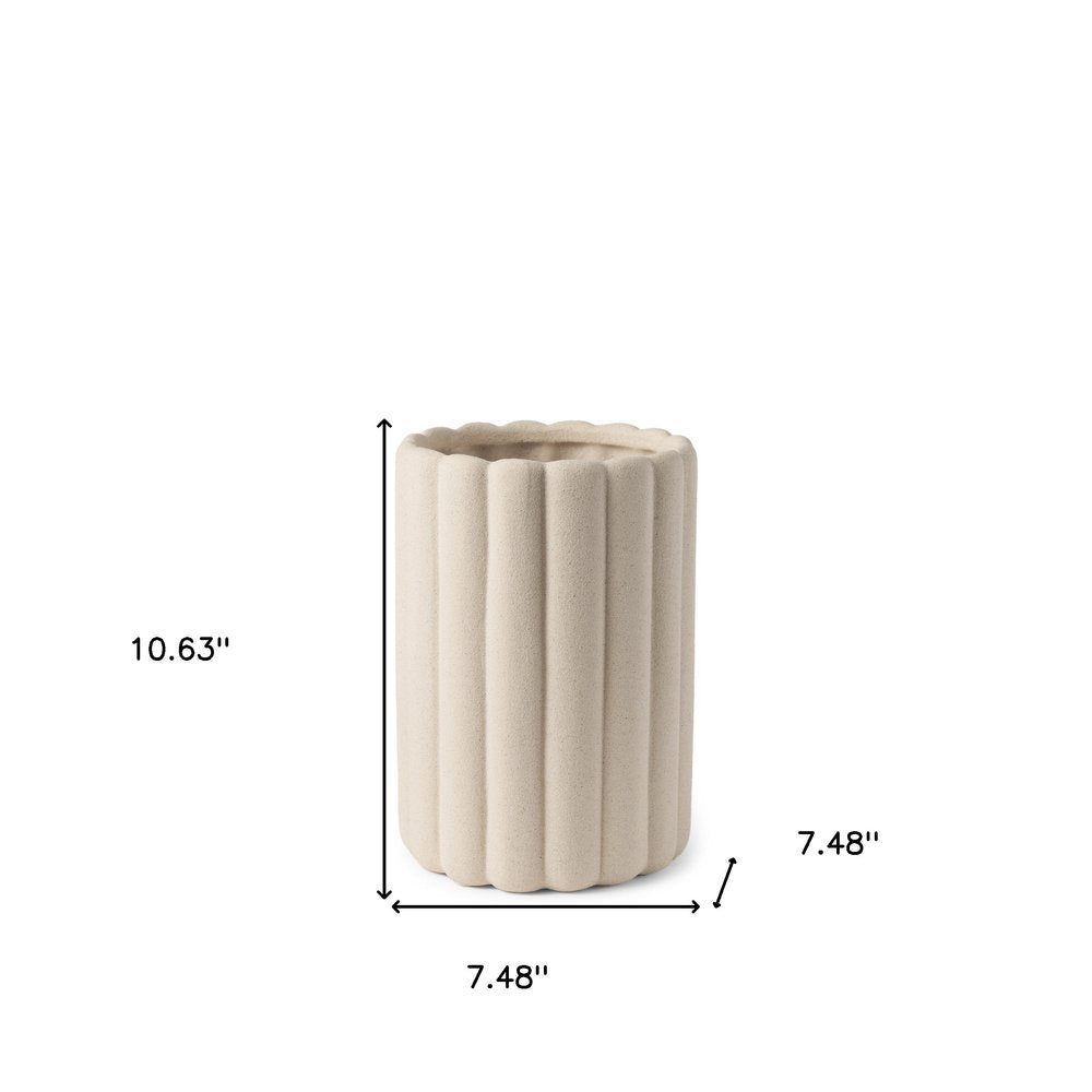 11" Beige Cylinder Ribbed Texture Ceramic Table Vase