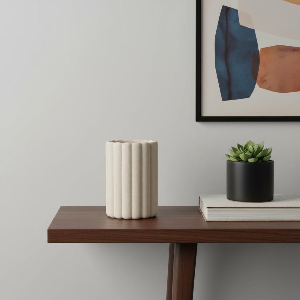 11" Beige Cylinder Ribbed Texture Ceramic Table Vase