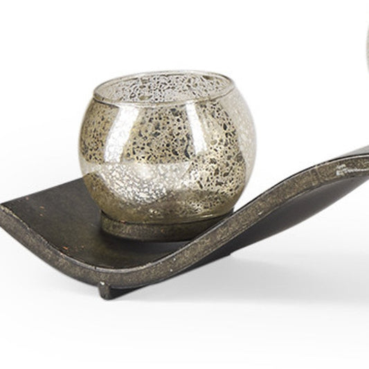 7" Silver Distressed Abstract Metal And Glass Tabletop Hurricane Candle Holder