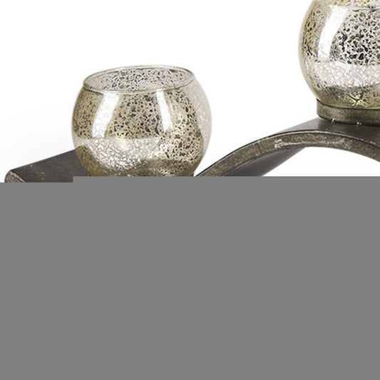 7" Silver Distressed Abstract Metal And Glass Tabletop Hurricane Candle Holder