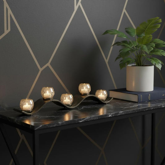 7" Silver Distressed Abstract Metal And Glass Tabletop Hurricane Candle Holder