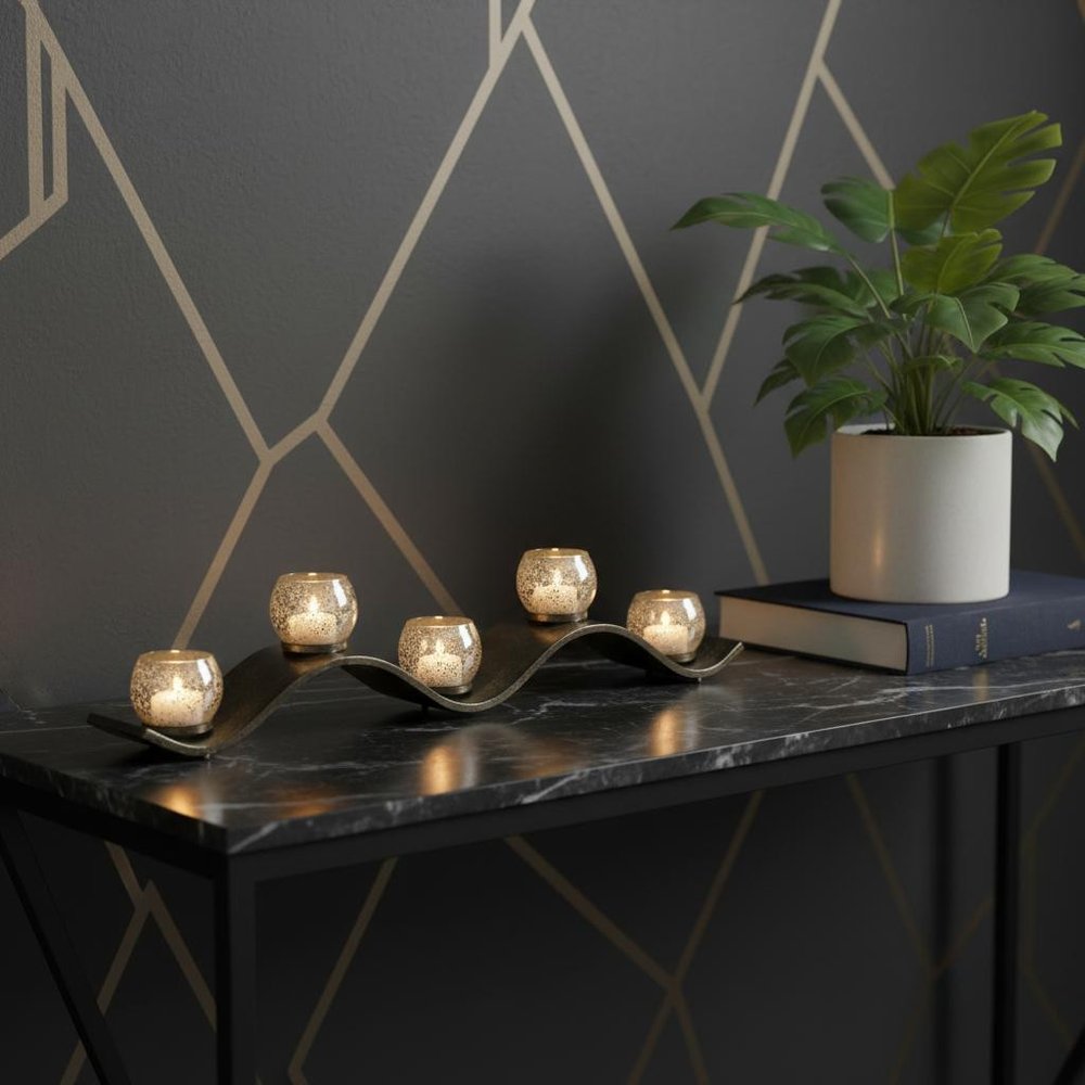 7" Silver Distressed Abstract Metal And Glass Tabletop Hurricane Candle Holder