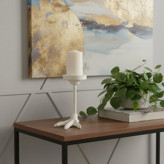 9" White Cast Iron Tabletop Pillar Candle Holder