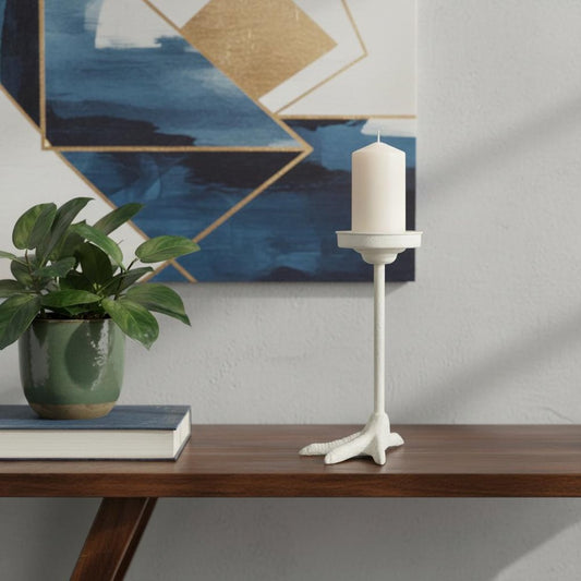 12" White Cast Iron Tabletop Pillar Candle Holder