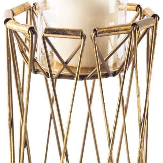 10" Antiqued Brass Distressed Geometric Metal And Glass Tabletop Hurricane Candle Holder