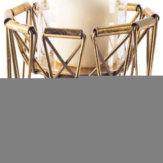 10" Antiqued Brass Distressed Geometric Metal And Glass Tabletop Hurricane Candle Holder