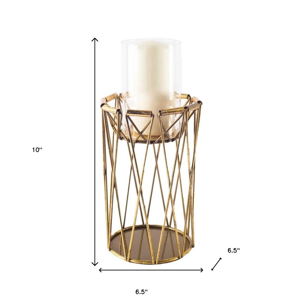 10" Antiqued Brass Distressed Geometric Metal And Glass Tabletop Hurricane Candle Holder
