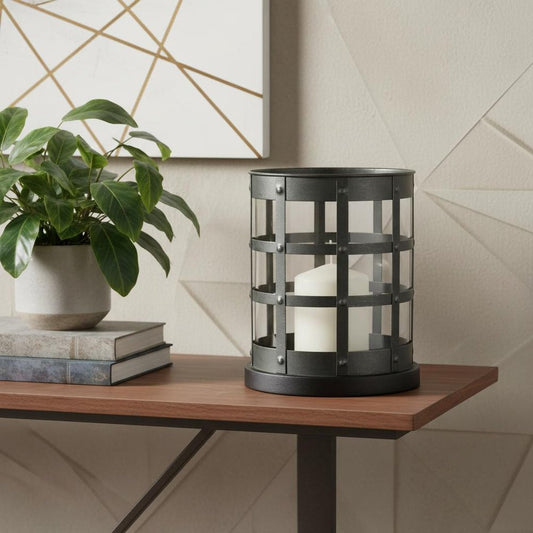 8" Black Distressed Lattice Metal And Glass Tabletop Hurricane Candle Holder