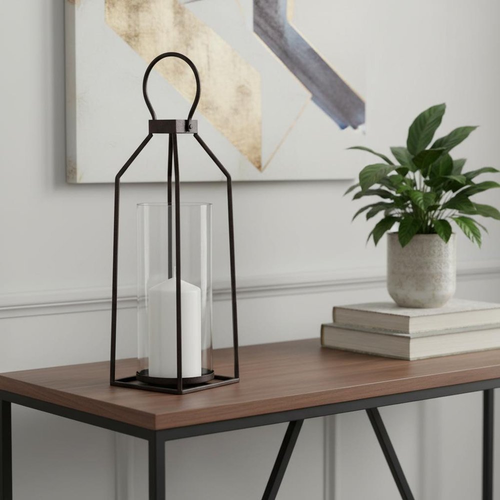 19" Black Distressed Geometric Metal And Glass Tabletop Lantern Candle Holder