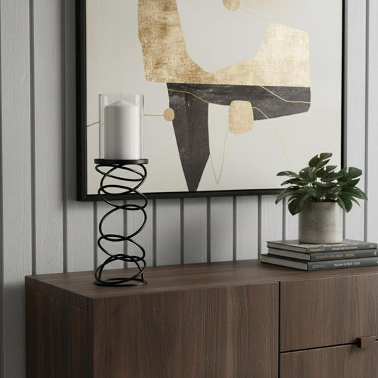 17" Black Geometric Glass And Metal Tabletop Pillar Candle Holder