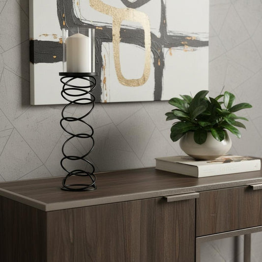 21" Black Geometric Glass And Metal Tabletop Pillar Candle Holder