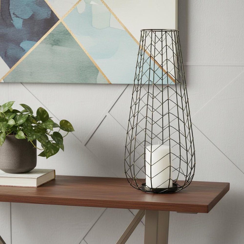 24" Gold Distressed Lattice Metal Tabletop Hurricane Candle Holder