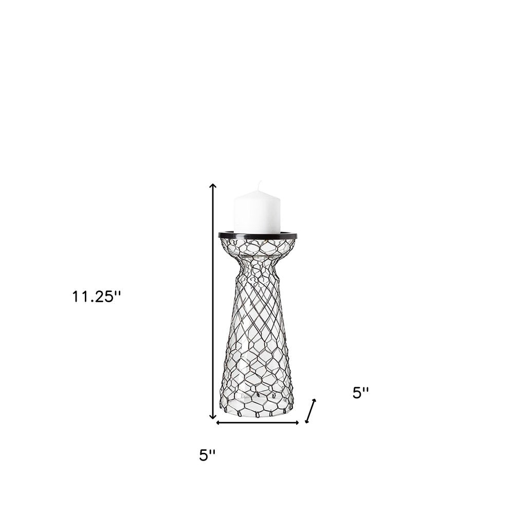 11" Black Distressed Lattice Metal And Glass Tabletop Pillar Candle Holder