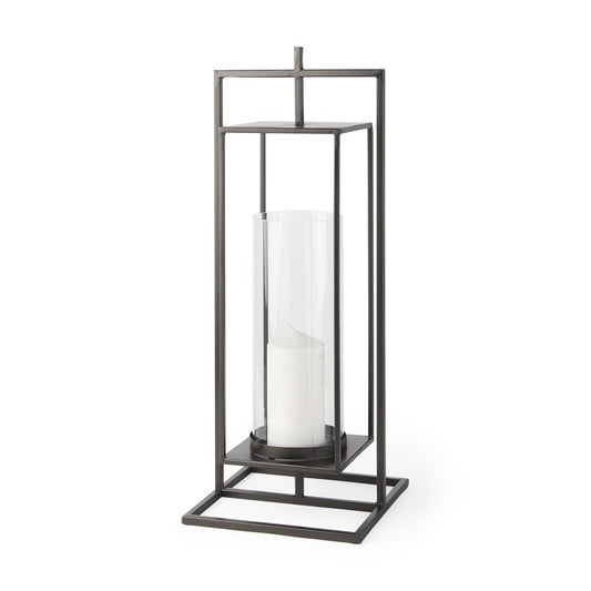24" Black Geometric Metal Tabletop Lantern Candle Holder