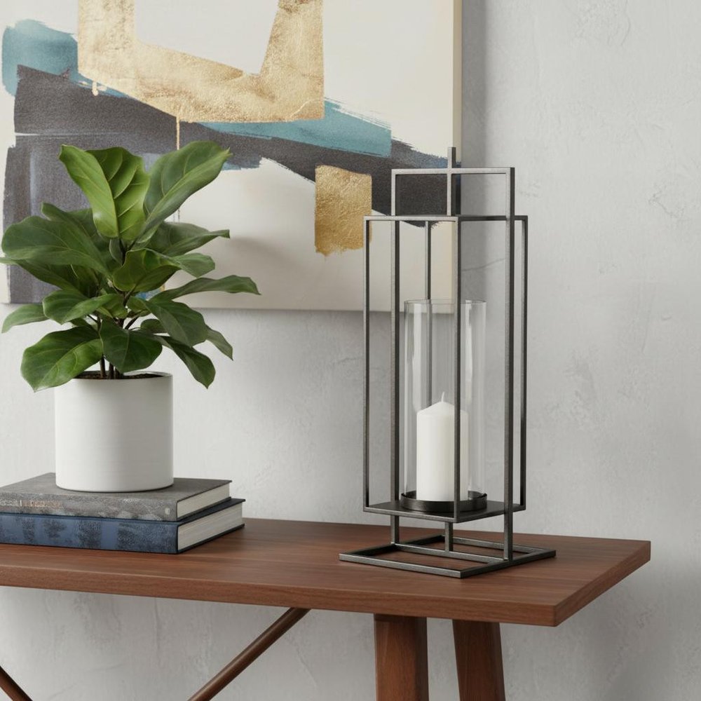 24" Black Geometric Metal Tabletop Lantern Candle Holder