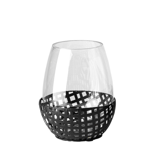 8" Black Woven Metal And Glass Tabletop Hurricane Candle Holder