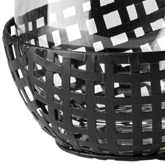 8" Black Woven Metal And Glass Tabletop Hurricane Candle Holder