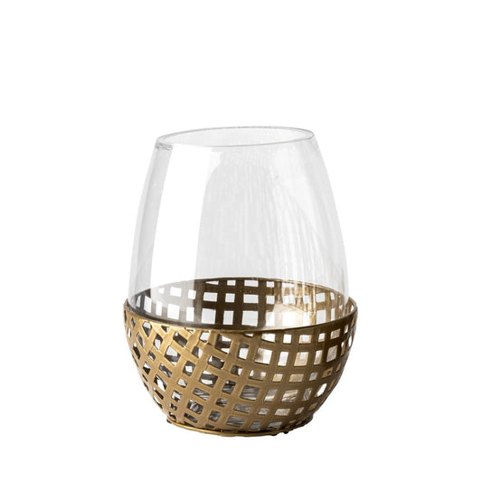 8" Gold Woven Metal And Glass Tabletop Hurricane Candle Holder