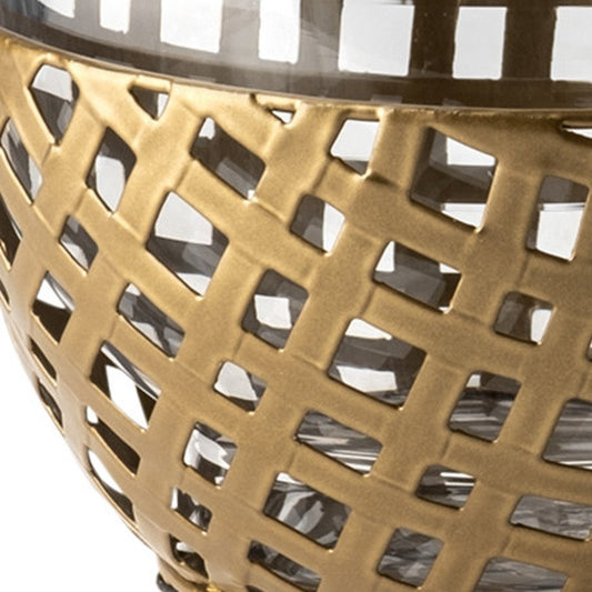 8" Gold Woven Metal And Glass Tabletop Hurricane Candle Holder