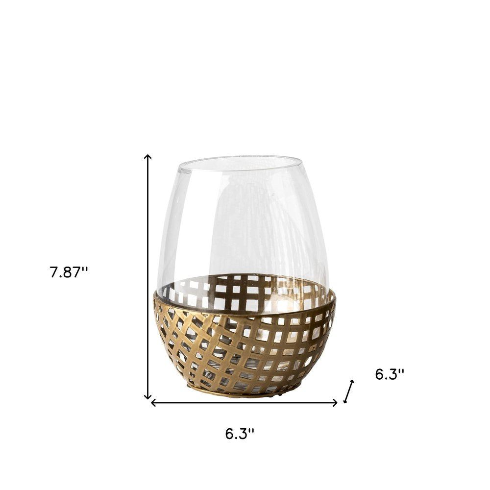 8" Gold Woven Metal And Glass Tabletop Hurricane Candle Holder