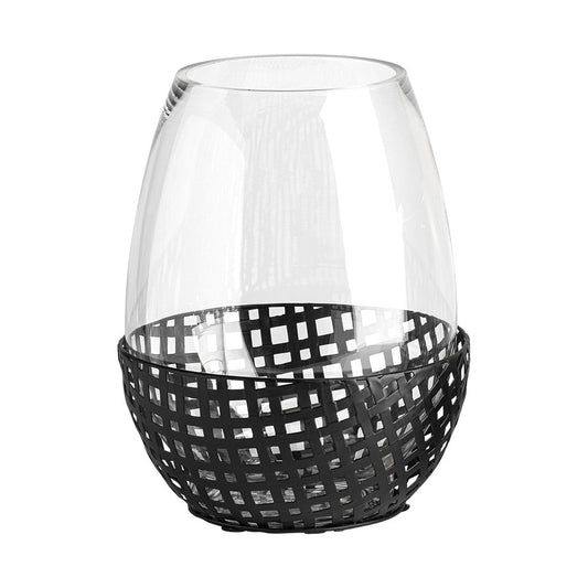 10" Black Woven Metal And Glass Tabletop Hurricane Candle Holder