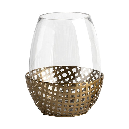 10" Gold And Clear Woven Metal And Glass Tabletop Hurricane Candle Holder