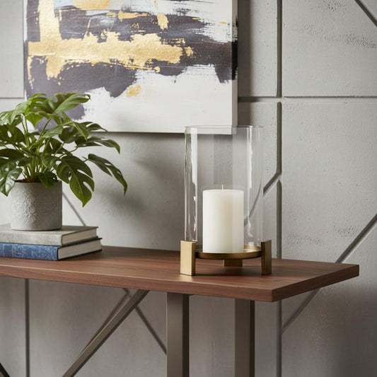 14" Antiqued Gold Geometric Glass And Metal Tabletop Hurricane Candle Holder