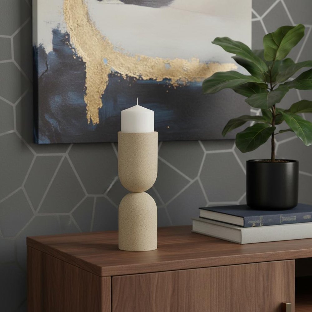 11" Beige Metal Tabletop Pillar Candle Holder