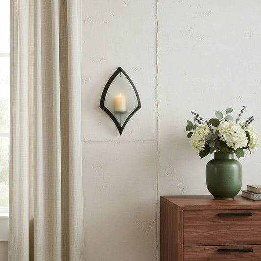 7" Black Abstract Metal And Glass Wall Sconce Candle Holder