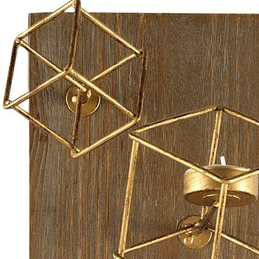 22" Brass Distressed Geometric Brass And Solid Wood Wall Sconce Candle Holder