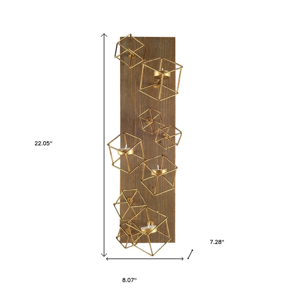 22" Brass Distressed Geometric Brass And Solid Wood Wall Sconce Candle Holder