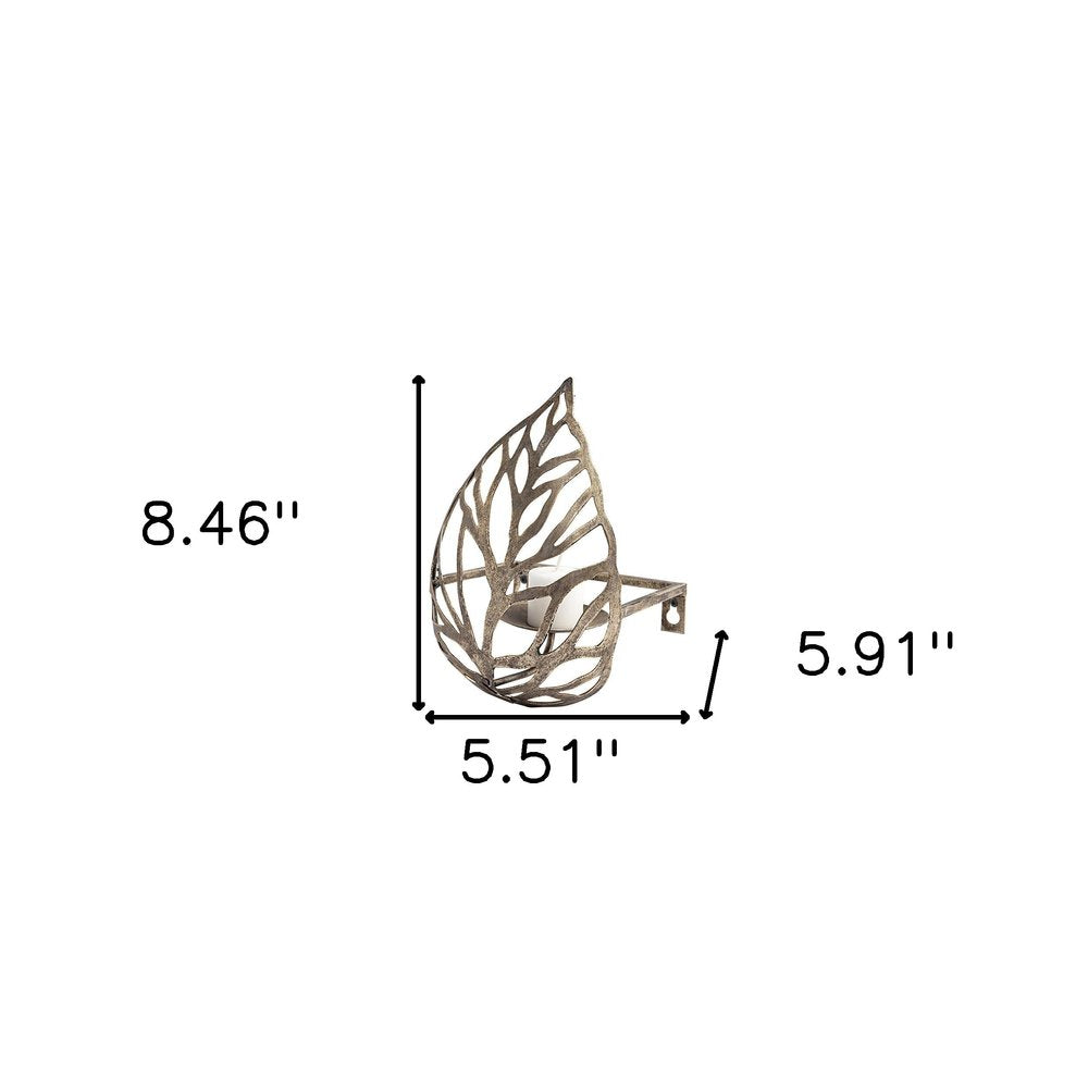 8" Champagne Distressed Botanical Leaf Metal Wall Sconce Candle Holder