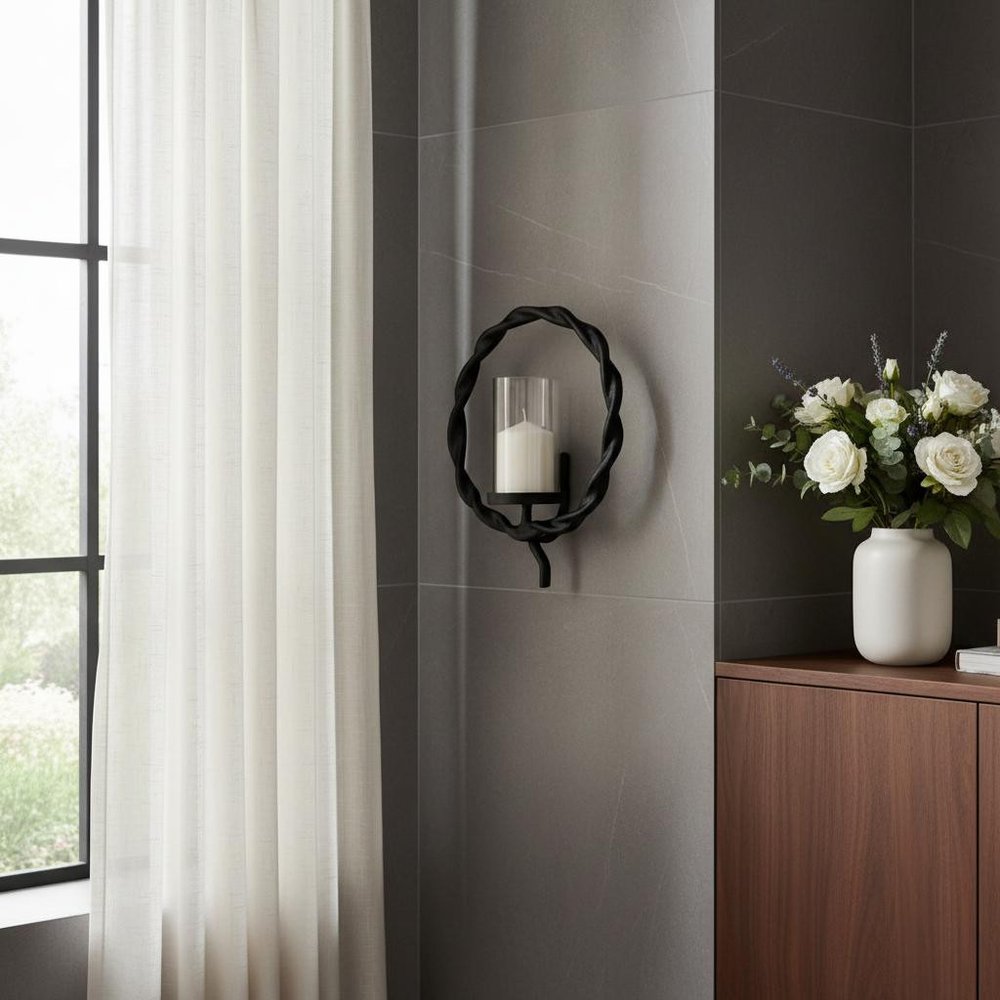 5" Black Distressed Geometric Metal And Glass Wall Sconce Candle Holder