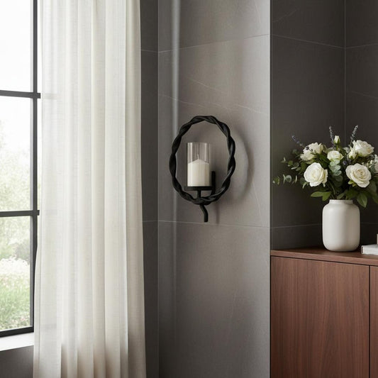 5" Black Distressed Geometric Metal And Glass Wall Sconce Candle Holder