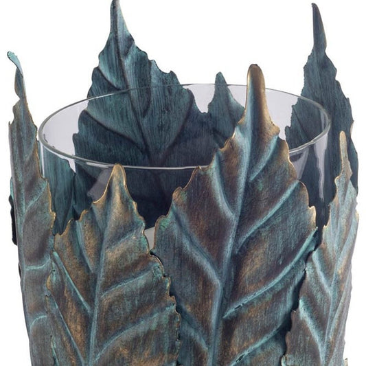 8" Gold Distressed Botanical Leaf Metal And Glass Tabletop Hurricane Candle Holder