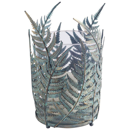 11" Green And Gold Distressed Botanical Leaf Metal Tabletop Hurricane Candle Holder