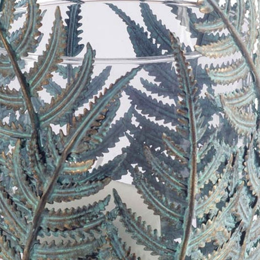 11" Green And Gold Distressed Botanical Leaf Metal Tabletop Hurricane Candle Holder